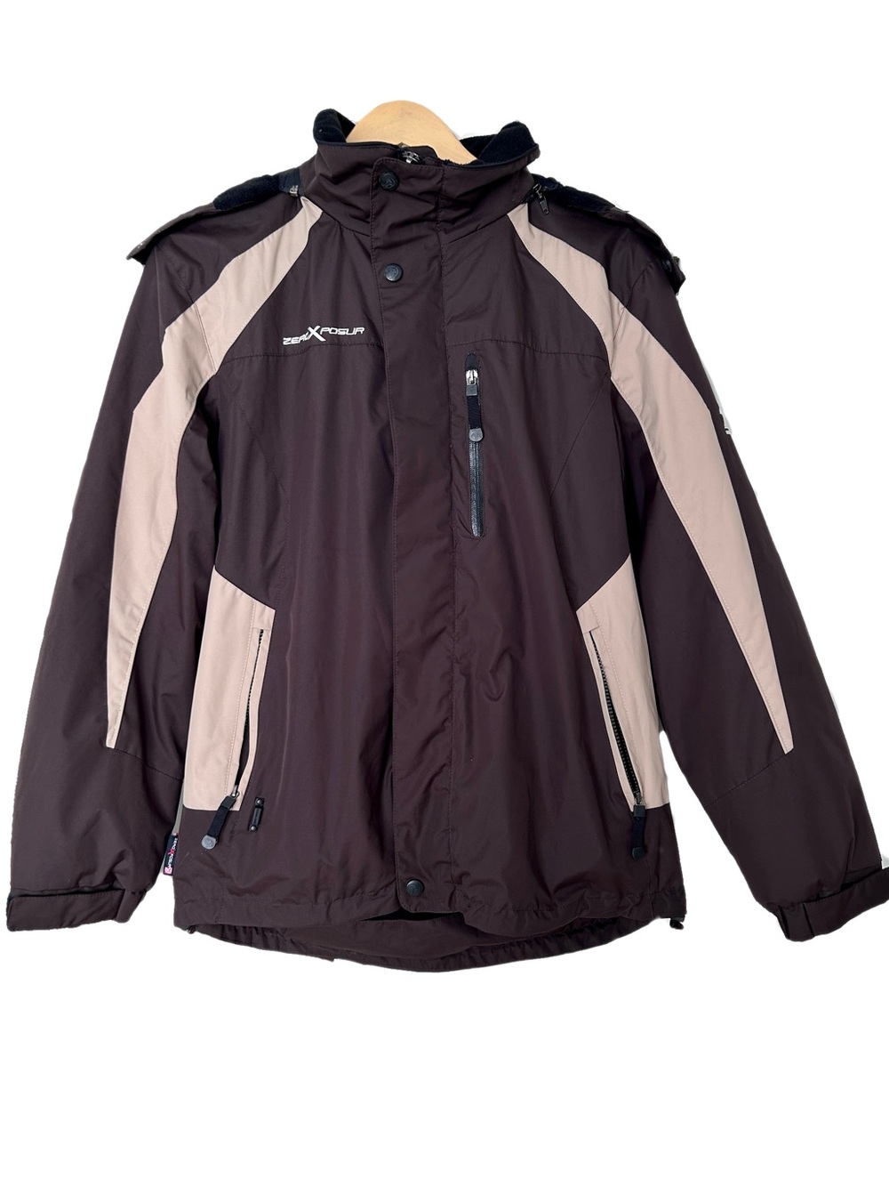 Vintage 90s Ski Jacket Colorblock Brown Tan Zeroxposur Removable Hood Small